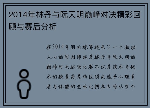 2014年林丹与阮天明巅峰对决精彩回顾与赛后分析