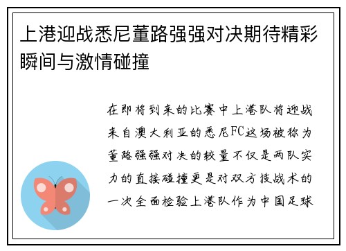 上港迎战悉尼董路强强对决期待精彩瞬间与激情碰撞