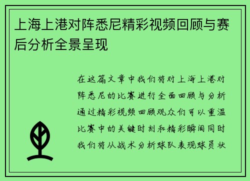 上海上港对阵悉尼精彩视频回顾与赛后分析全景呈现