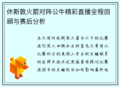休斯敦火箭对阵公牛精彩直播全程回顾与赛后分析