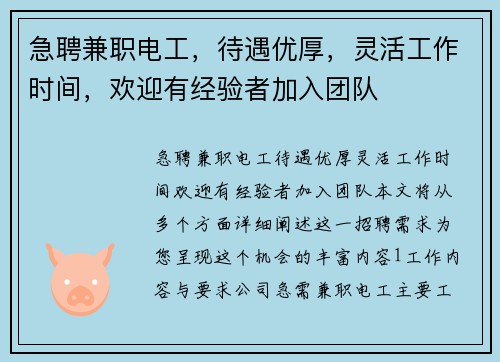 急聘兼职电工，待遇优厚，灵活工作时间，欢迎有经验者加入团队