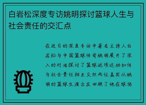 白岩松深度专访姚明探讨篮球人生与社会责任的交汇点