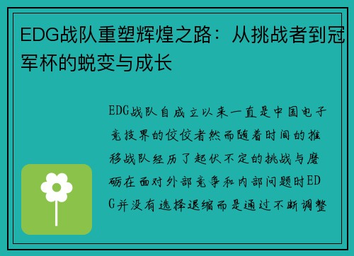 EDG战队重塑辉煌之路：从挑战者到冠军杯的蜕变与成长