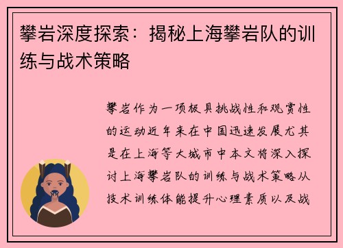 攀岩深度探索：揭秘上海攀岩队的训练与战术策略
